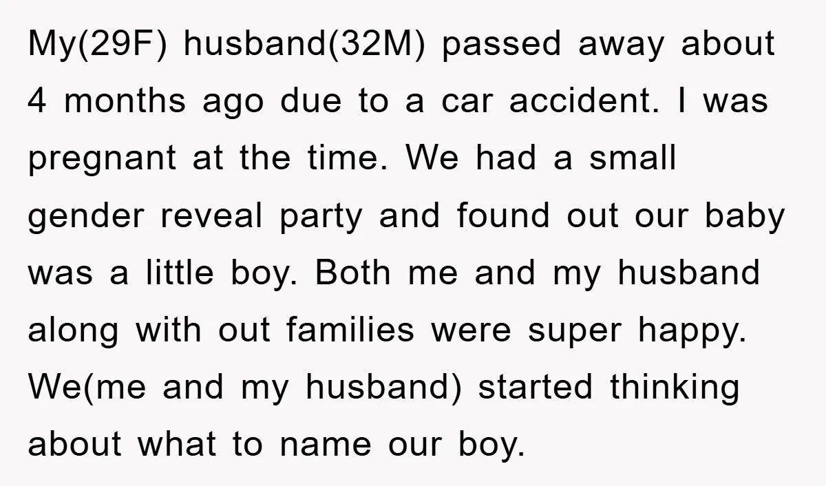 My(29F) husband(32M) passed away about 4 months ago due to a car accident. I was pregnant at the time. We had a small gender reveal party and found out our...