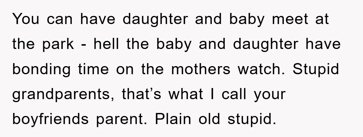 You can have daughter and baby meet at the park - hell the baby and daughter have bonding time on the mothers watch. Stupid grandparents, that’s what I call your...