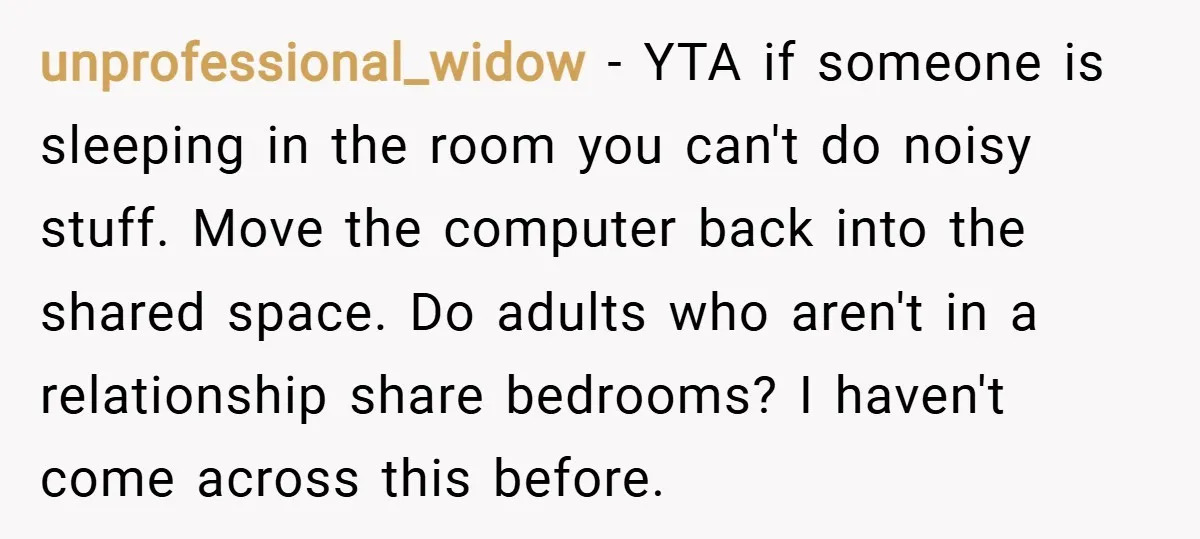 unprofessional_widow − YTA if someone is sleeping in the room you can't do noisy stuff. Move the computer back into the shared space. Do adults who aren't in a relationship...