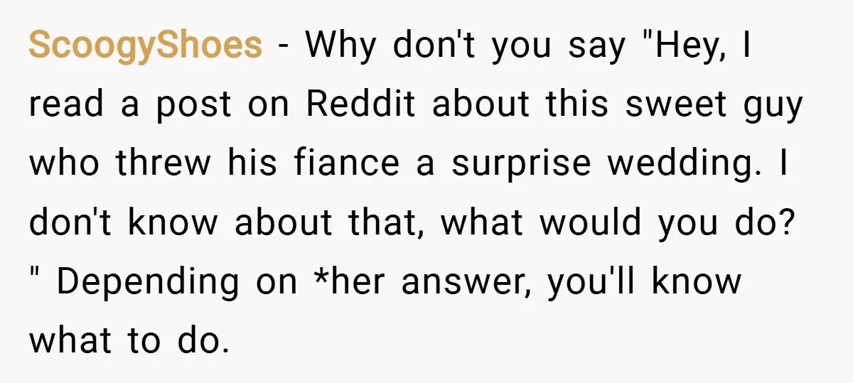ScoogyShoes − Why don't you say "Hey, I read a post on Reddit about this sweet guy who threw his fiance a surprise wedding. I don't know about that, what...