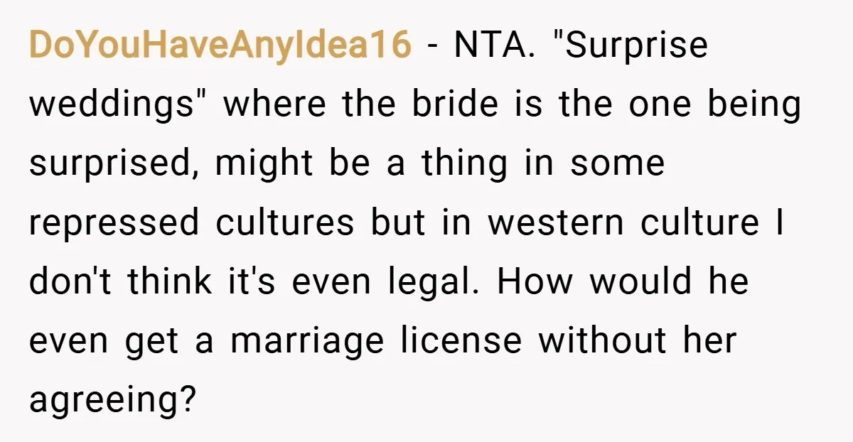 DoYouHaveAnyIdea16 − NTA. "Surprise weddings" where the bride is the one being surprised, might be a thing in some repressed cultures but in western culture I don't think it's even...