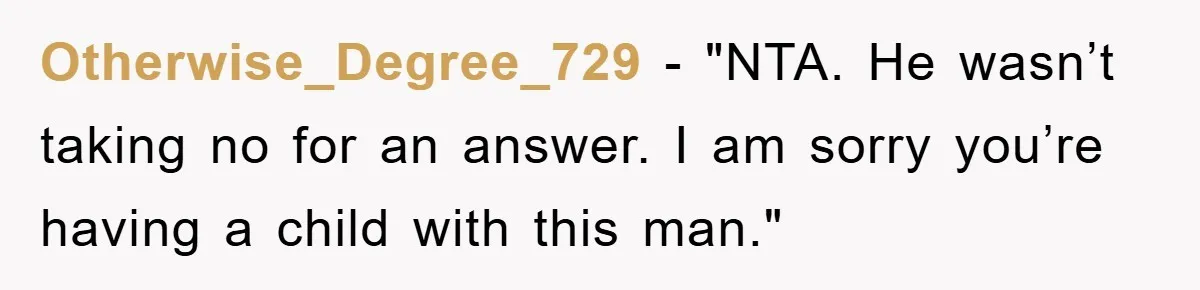 Otherwise_Degree_729 - "NTA. He wasn’t taking no for an answer. I am sorry you’re having a child with this man."