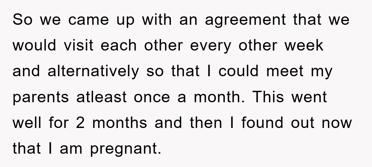 So we came up with an agreement that we would visit each other every other week and alternatively so that I could meet my parents atleast once a month. This...