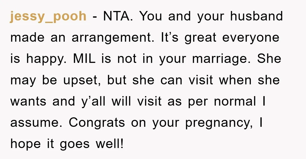 jessy_pooh − NTA. You and your husband made an arrangement. It’s great everyone is happy. MIL is not in your marriage. She may be upset, but she can visit when...