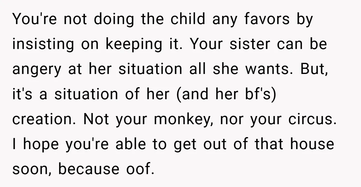 You're not doing the child any favors by insisting on keeping it. Your sister can be angery at her situation all she wants. But, it's a situation of her (and...