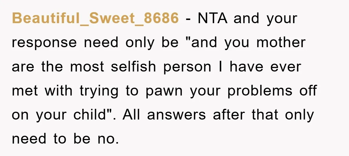 Beautiful_Sweet_8686 − NTA and your response need only be "and you mother are the most selfish person I have ever met with trying to pawn your problems off on your...