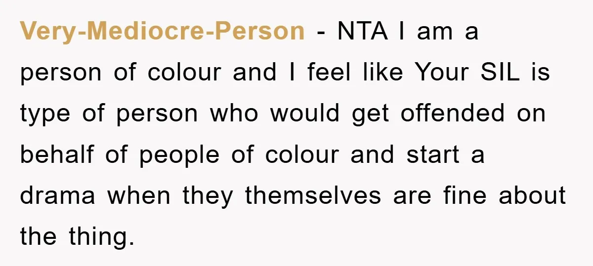Very-Mediocre-Person − NTA I am a person of colour and I feel like Your SIL is type of person who would get offended on behalf of people of colour and...