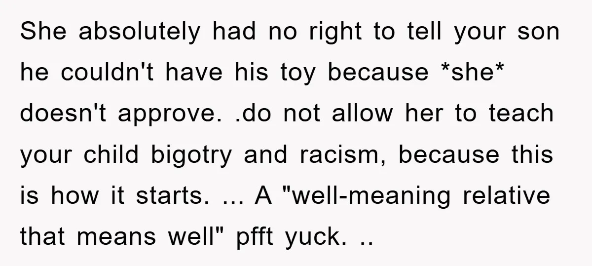 She absolutely had no right to tell your son he couldn't have his toy because *she* doesn't approve. .do not allow her to teach your child bigotry and racism, because...