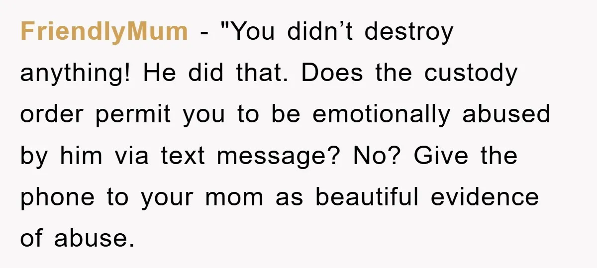 FriendlyMum - "You didn’t destroy anything! He did that. Does the custody order permit you to be emotionally abused by him via text message? No? Give the phone to your...
