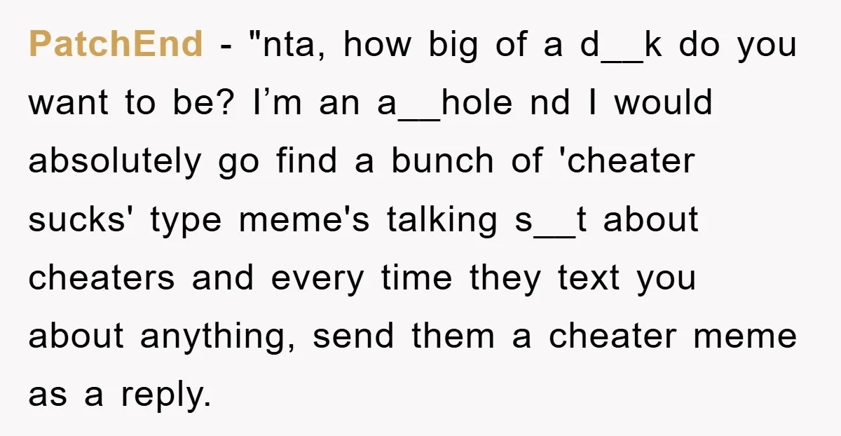 PatchEnd - "nta, how big of a d__k do you want to be? I’m an a__hole nd I would absolutely go find a bunch of 'cheater sucks' type meme's talking...