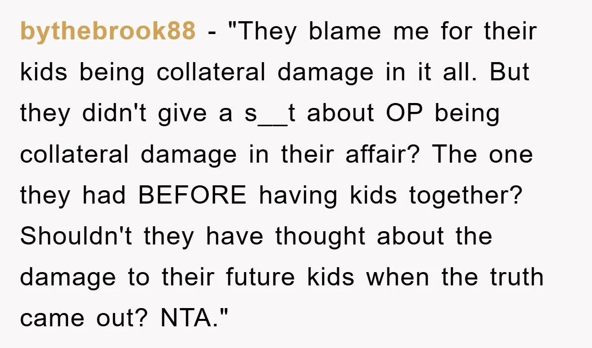 bythebrook88 - "They blame me for their kids being collateral damage in it all. But they didn't give a s__t about OP being collateral damage in their affair? The one...