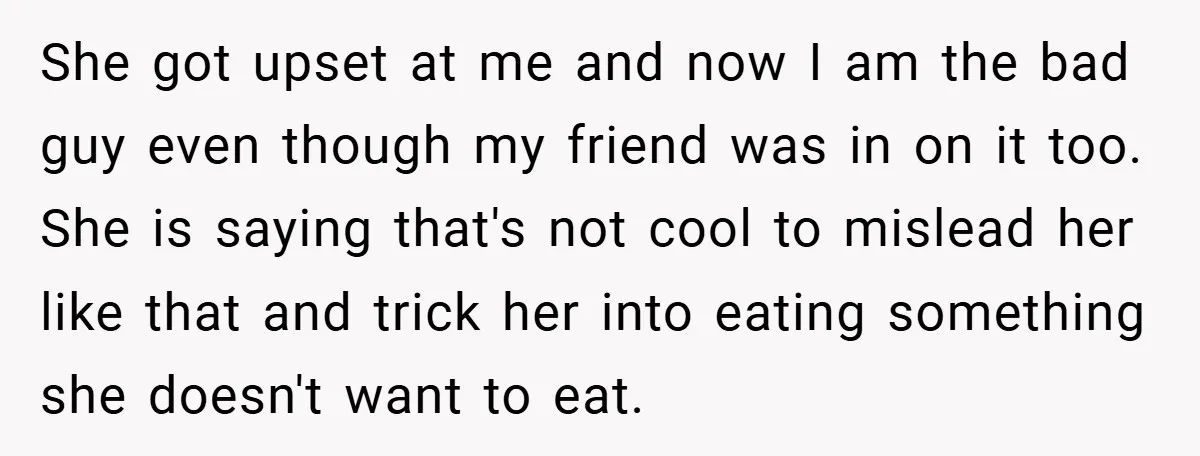 She got upset at me and now I am the bad guy even though my friend was in on it too. She is saying that's not cool to mislead her...