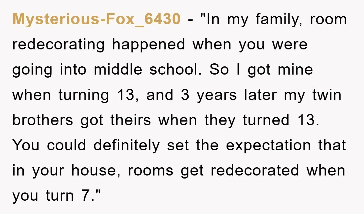 Mysterious-Fox_6430 - "In my family, room redecorating happened when you were going into middle school. So I got mine when turning 13, and 3 years later my twin brothers got...