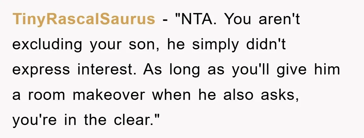 TinyRascalSaurus - "NTA. You aren't excluding your son, he simply didn't express interest. As long as you'll give him a room makeover when he also asks, you're in the clear."