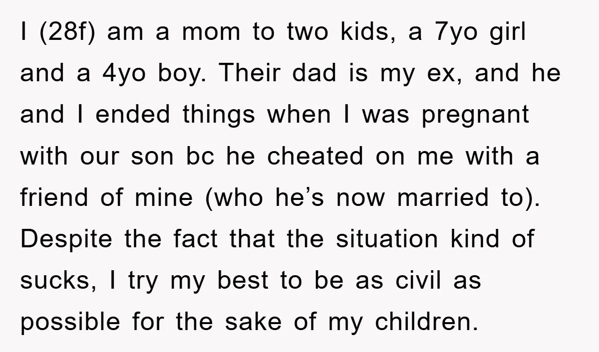 I (28f) am a mom to two kids, a 7yo girl and a 4yo boy. Their dad is my ex, and he and I ended things when I was pregnant...
