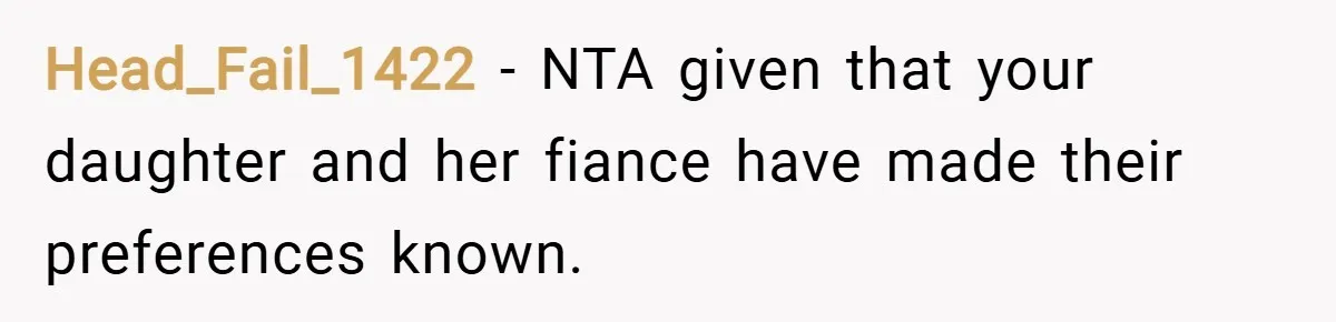 Head_Fail_1422 − NTA given that your daughter and her fiance have made their preferences known.