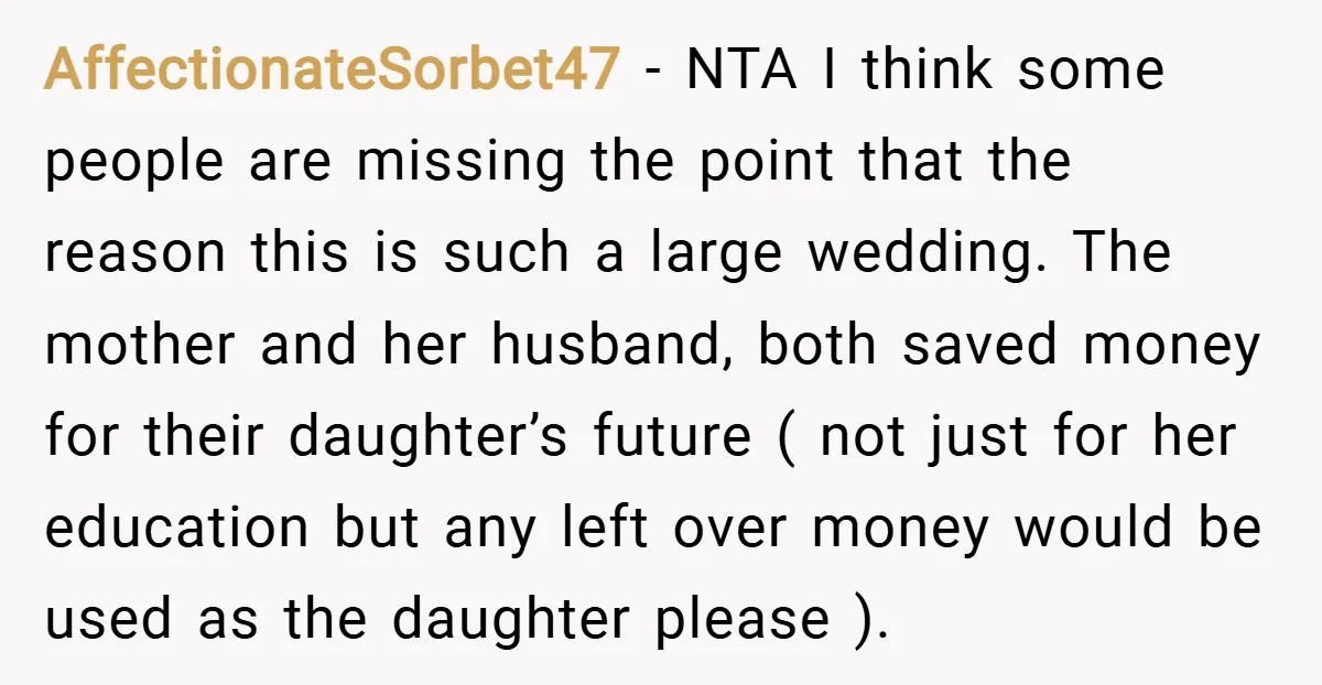 AffectionateSorbet47 − NTA I think some people are missing the point that the reason this is such a large wedding. The mother and her husband, both saved money for their...