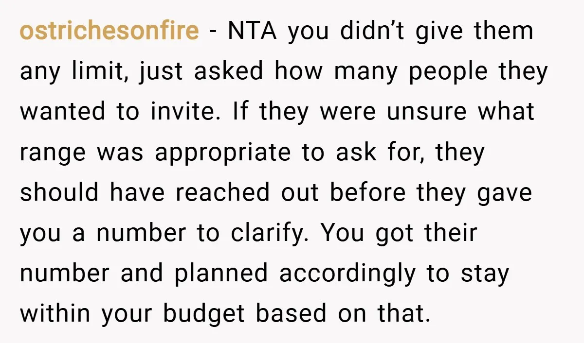 ostrichesonfire − NTA you didn’t give them any limit, just asked how many people they wanted to invite. If they were unsure what range was appropriate to ask for, they...