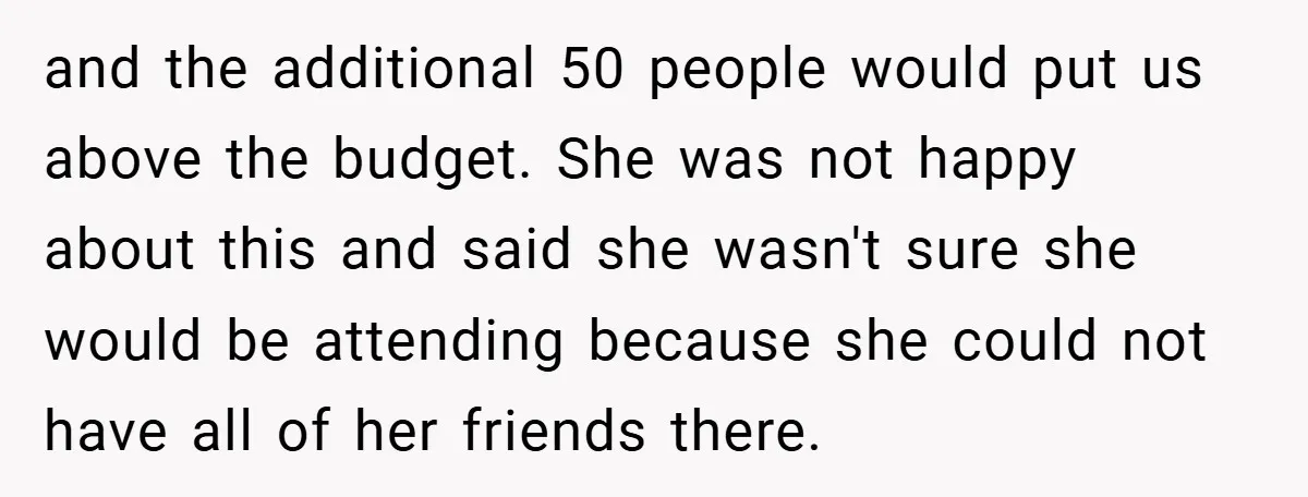 and the additional 50 people would put us above the budget. She was not happy about this and said she wasn't sure she would be attending because she could not...