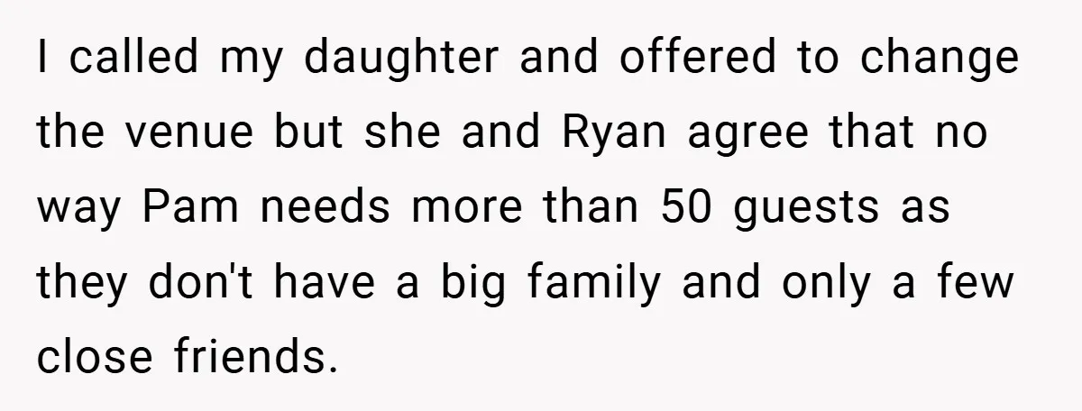 I called my daughter and offered to change the venue but she and Ryan agree that no way Pam needs more than 50 guests as they don't have a big...