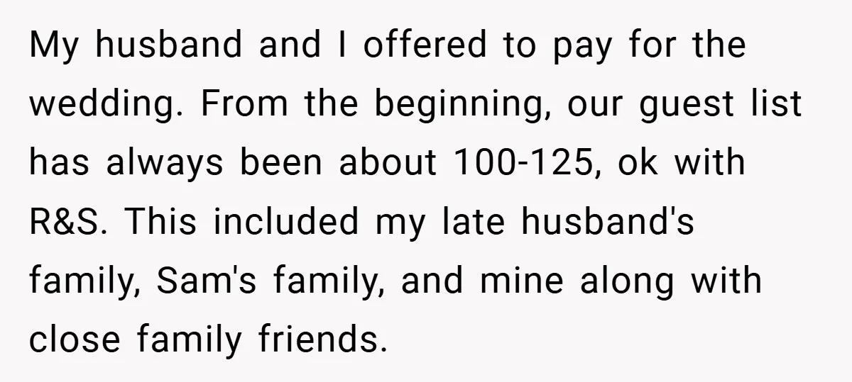 My husband and I offered to pay for the wedding. From the beginning, our guest list has always been about 100-125, ok with R&S. This included my late husband's family,...