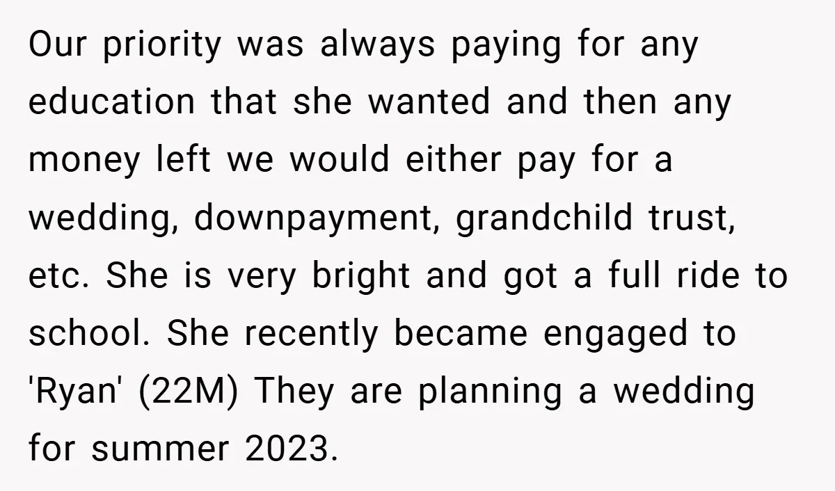 Our priority was always paying for any education that she wanted and then any money left we would either pay for a wedding, downpayment, grandchild trust, etc. She is very...