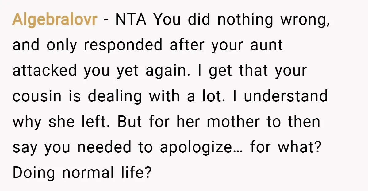 Algebralovr − NTA You did nothing wrong, and only responded after your aunt attacked you yet again. I get that your cousin is dealing with a lot. I understand why...
