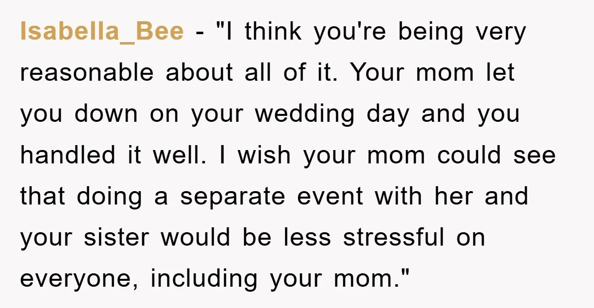 Isabella_Bee - "I think you're being very reasonable about all of it. Your mom let you down on your wedding day and you handled it well. I wish your mom...