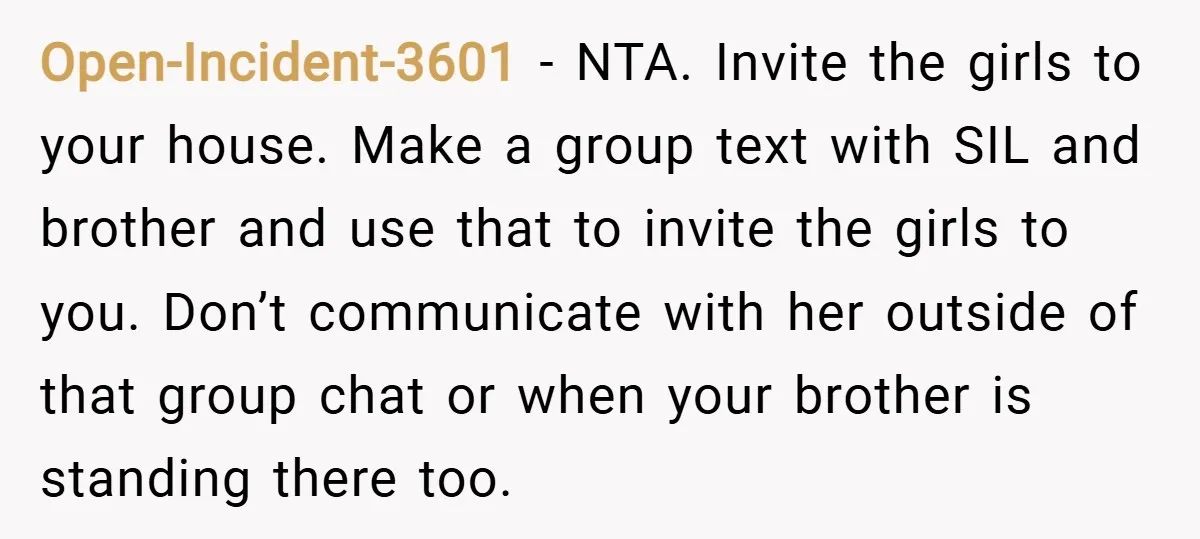 Open-Incident-3601 − NTA. Invite the girls to your house. Make a group text with SIL and brother and use that to invite the girls to you. Don’t communicate with her...