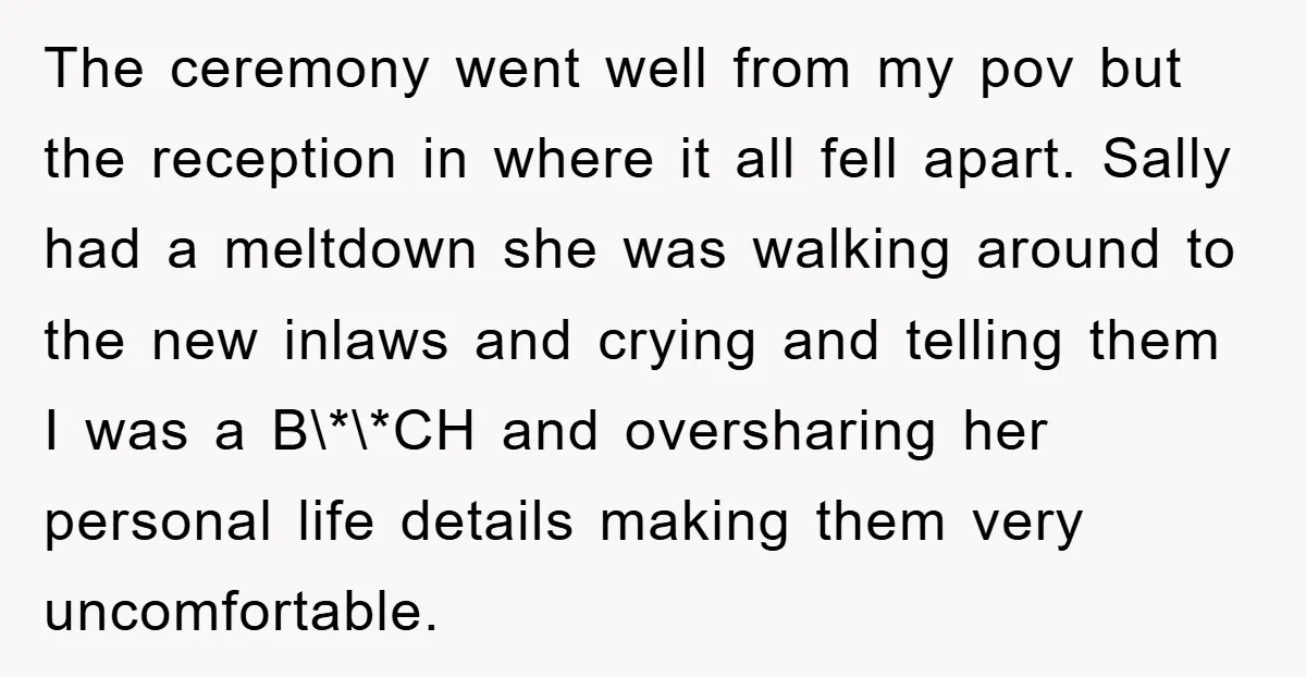 The ceremony went well from my pov but the reception in where it all fell apart. Sally had a meltdown she was walking around to the new inlaws and crying...