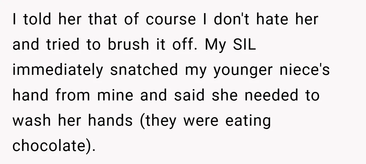 I told her that of course I don't hate her and tried to brush it off. My SIL immediately snatched my younger niece's hand from mine and said she needed...