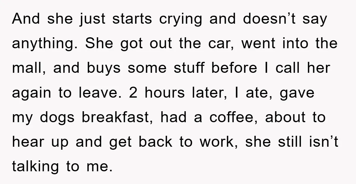 And she just starts crying and doesn’t say anything. She got out the car, went into the mall, and buys some stuff before I call her again to leave. 2...