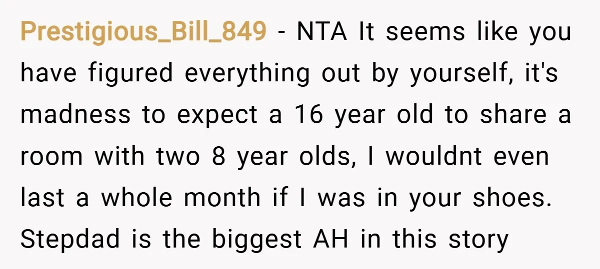 Prestigious_Bill_849 − NTA It seems like you have figured everything out by yourself, it's madness to expect a 16 year old to share a room with two 8 year olds,...