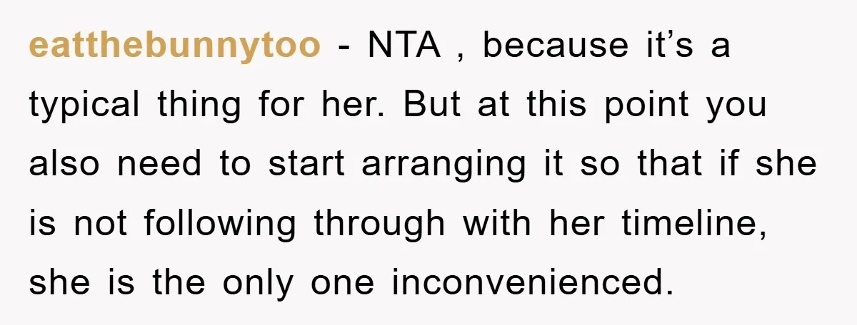 eatthebunnytoo − NTA , because it’s a typical thing for her. But at this point you also need to start arranging it so that if she is not following through...
