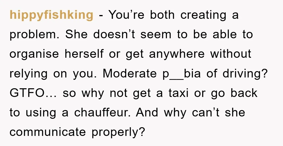 hippyfishking − You’re both creating a problem. She doesn’t seem to be able to organise herself or get anywhere without relying on you. Moderate p__bia of driving? GTFO… so why...