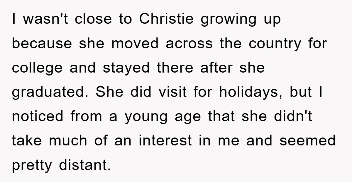 I wasn't close to Christie growing up because she moved across the country for college and stayed there after she graduated. She did visit for holidays, but I noticed from...