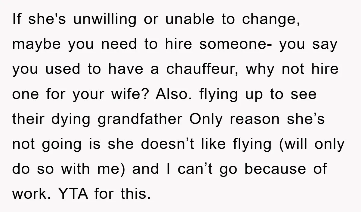 If she's unwilling or unable to change, maybe you need to hire someone- you say you used to have a chauffeur, why not hire one for your wife? Also. flying...