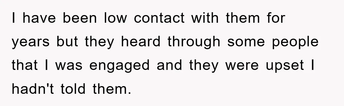 I have been low contact with them for years but they heard through some people that I was engaged and they were upset I hadn't told them.