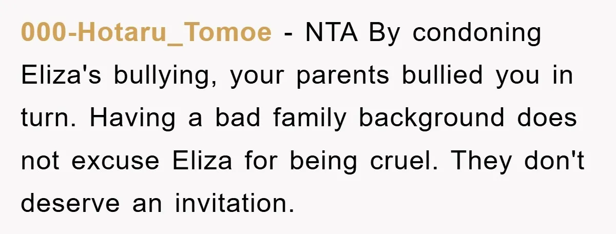 000-Hotaru_Tomoe − NTA By condoning Eliza's bullying, your parents bullied you in turn. Having a bad family background does not excuse Eliza for being cruel. They don't deserve an invitation.