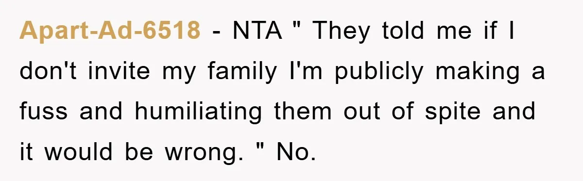 Apart-Ad-6518 − NTA " They told me if I don't invite my family I'm publicly making a fuss and humiliating them out of spite and it would be wrong. "...