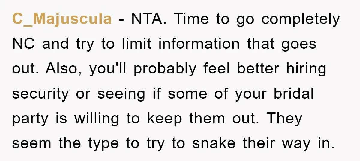 C_Majuscula − NTA. Time to go completely NC and try to limit information that goes out. Also, you'll probably feel better hiring security or seeing if some of your bridal...