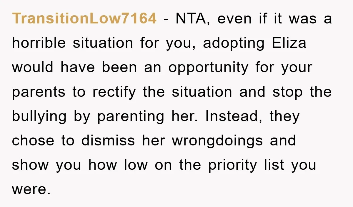 TransitionLow7164 − NTA, even if it was a horrible situation for you, adopting Eliza would have been an opportunity for your parents to rectify the situation and stop the bullying...