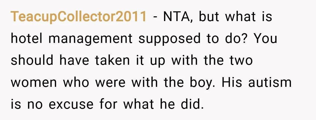 TeacupCollector2011 − NTA, but what is hotel management supposed to do? You should have taken it up with the two women who were with the boy. His autism is no...