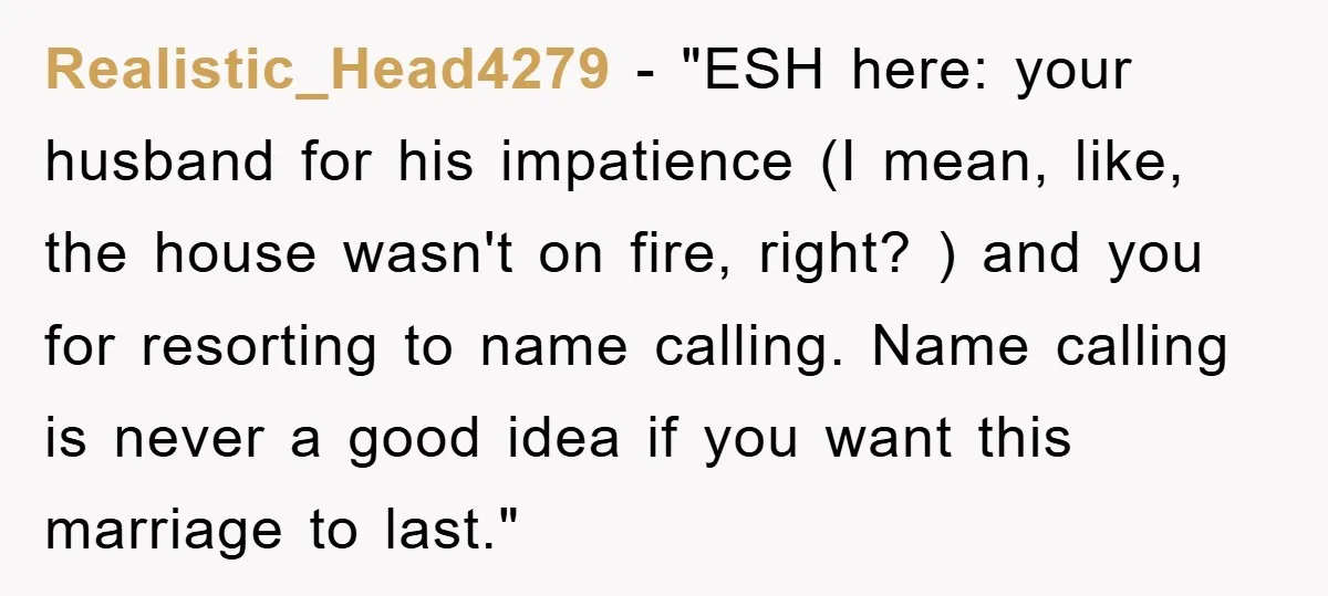 Realistic_Head4279 - "ESH here: your husband for his impatience (I mean, like, the house wasn't on fire, right? ) and you for resorting to name calling. Name calling is never...