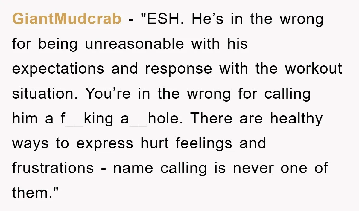 GiantMudcrab - "ESH. He’s in the wrong for being unreasonable with his expectations and response with the workout situation. You’re in the wrong for calling him a f__king a__hole. There...