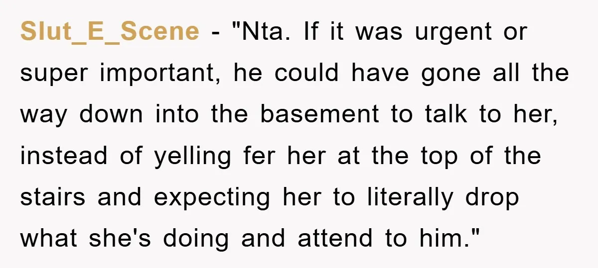 Slut_E_Scene - "Nta. If it was urgent or super important, he could have gone all the way down into the basement to talk to her, instead of yelling fer her...