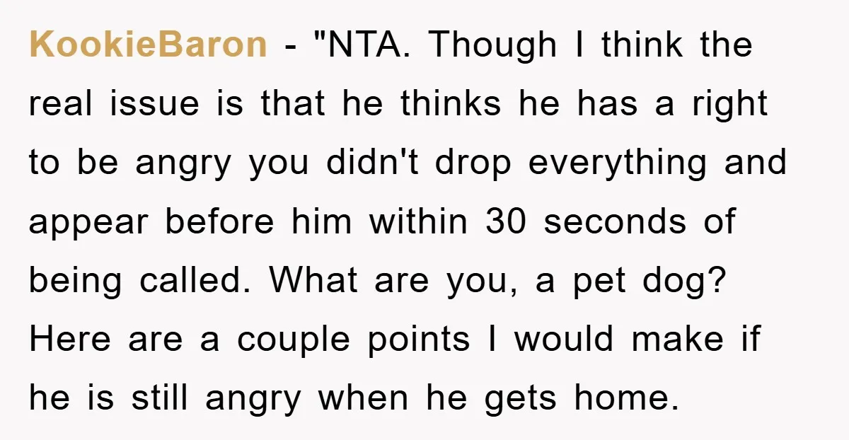 KookieBaron - "NTA. Though I think the real issue is that he thinks he has a right to be angry you didn't drop everything and appear before him within 30...