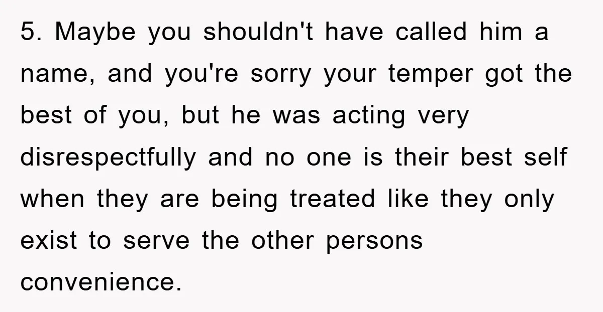 5. Maybe you shouldn't have called him a name, and you're sorry your temper got the best of you, but he was acting very disrespectfully and no one is their...