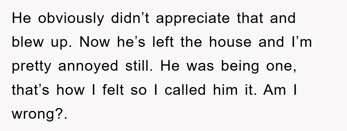 He obviously didn’t appreciate that and blew up. Now he’s left the house and I’m pretty annoyed still. He was being one, that’s how I felt so I called him...