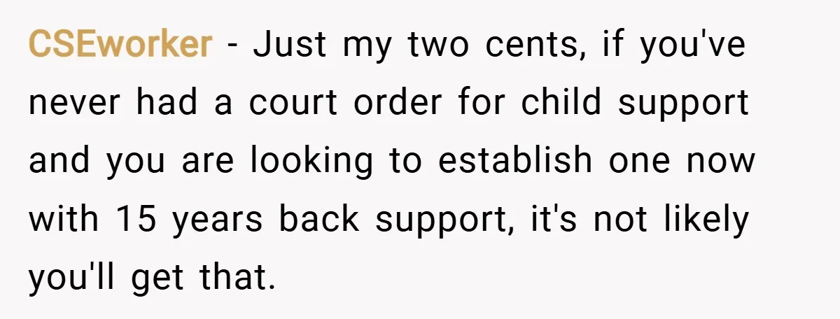 CSEworker − Just my two cents, if you've never had a court order for child support and you are looking to establish one now with 15 years back support, it's...